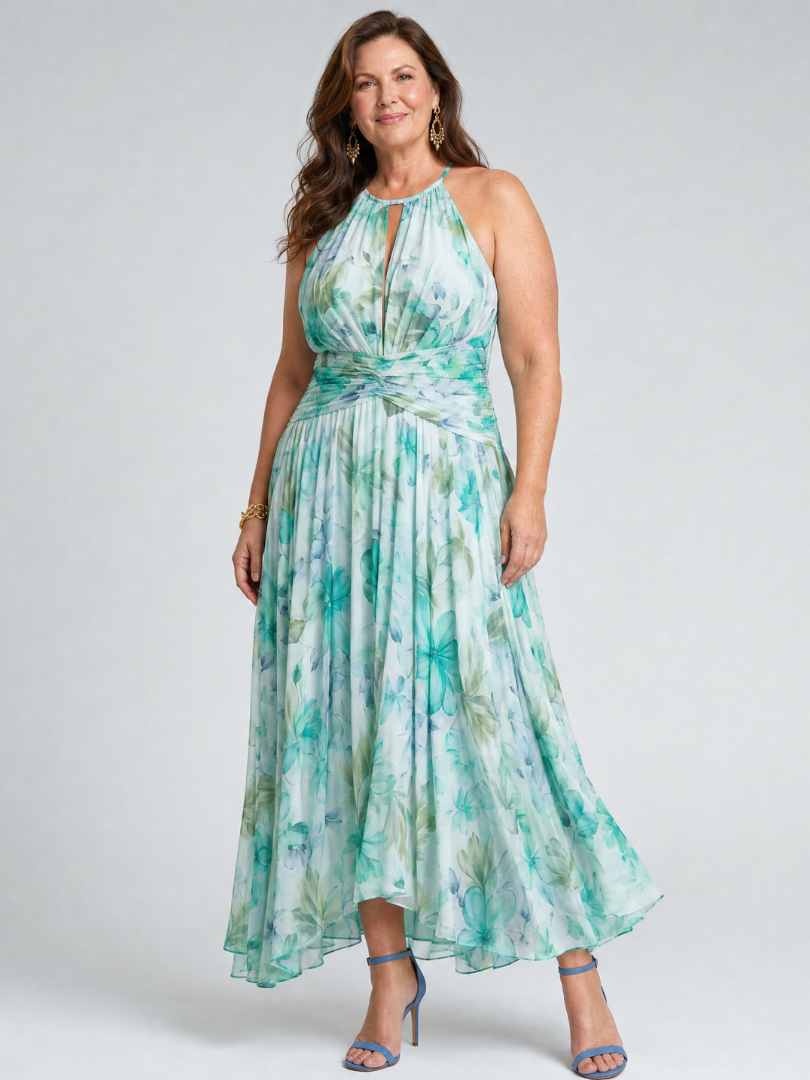 Portia geplooide halter midi-jurk met bloemenprint