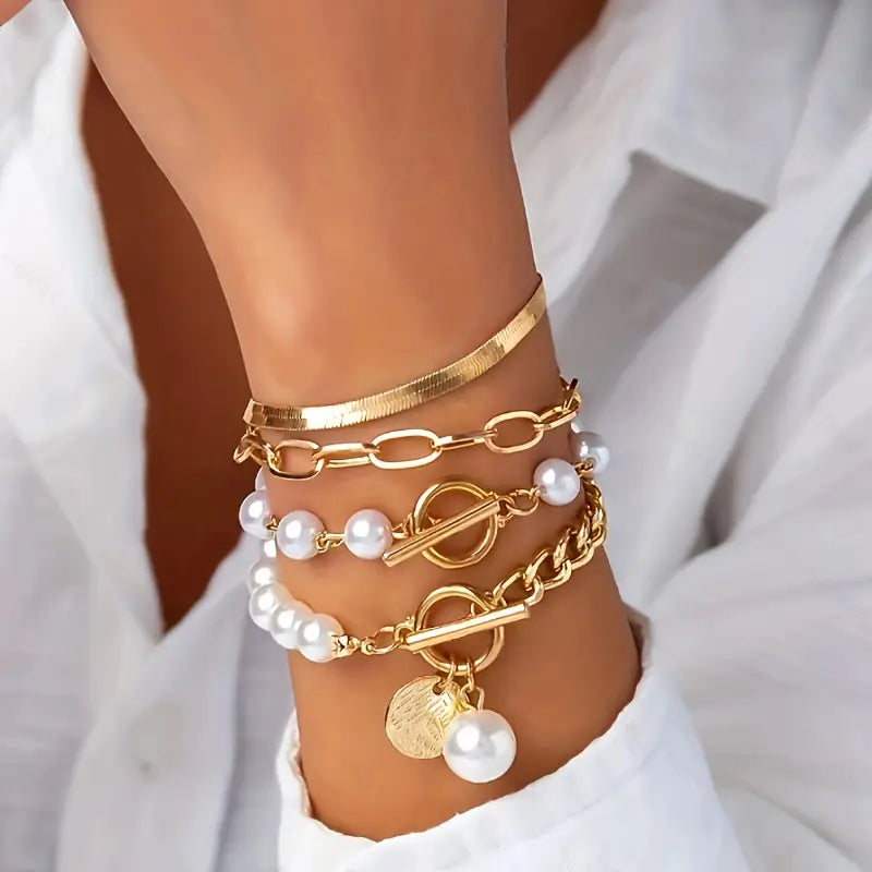 Luxe set gelaagde parelarmbanden