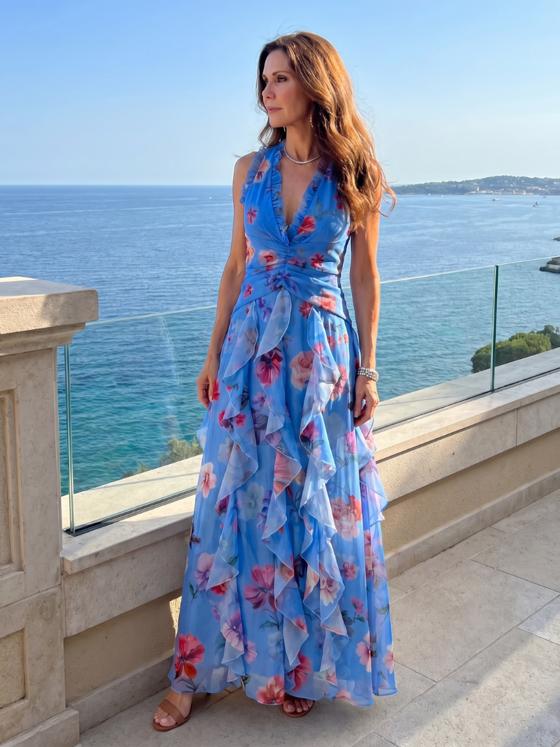 Nori halter maxi-jurk met gerimpeld lijfje en bloemenprint