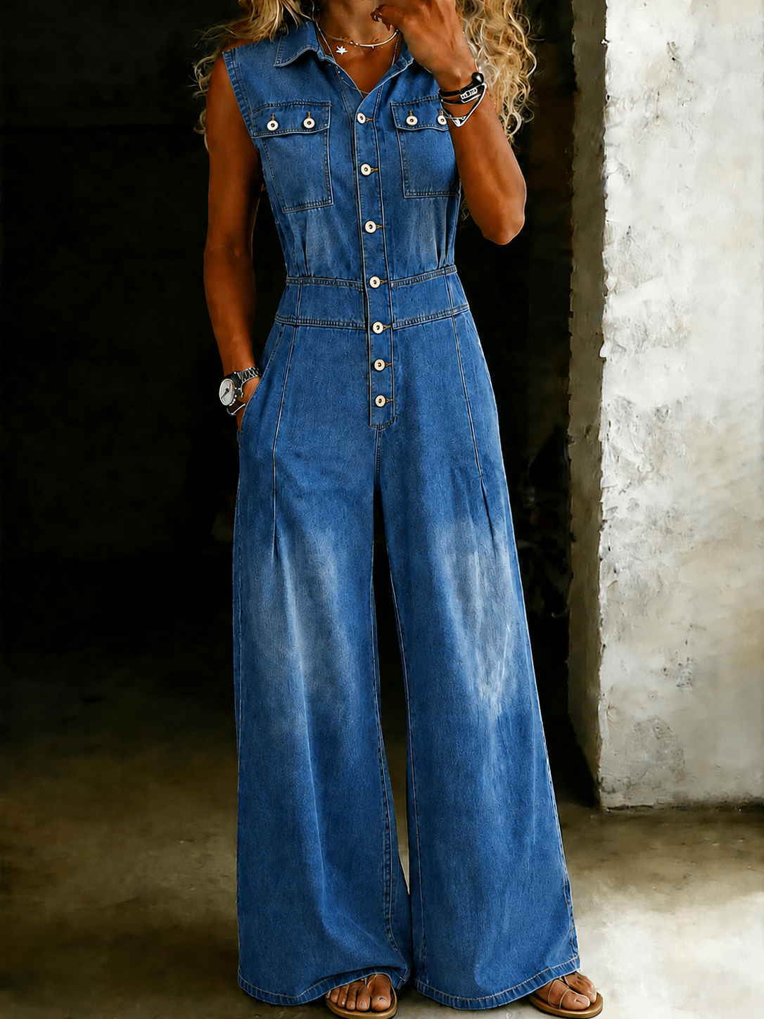 Stella | Denim jumpsuit met getailleerde taille en wijde pijpen