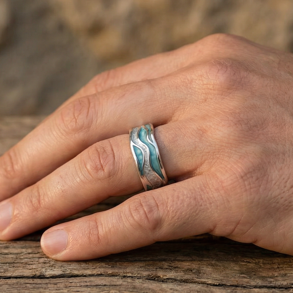 Zilveren golvenring met turkoois