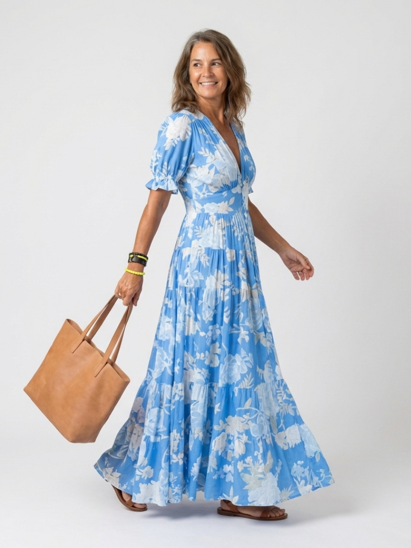 Ione | Korte Mouwen V-Hals Bloemen Midi Jurk