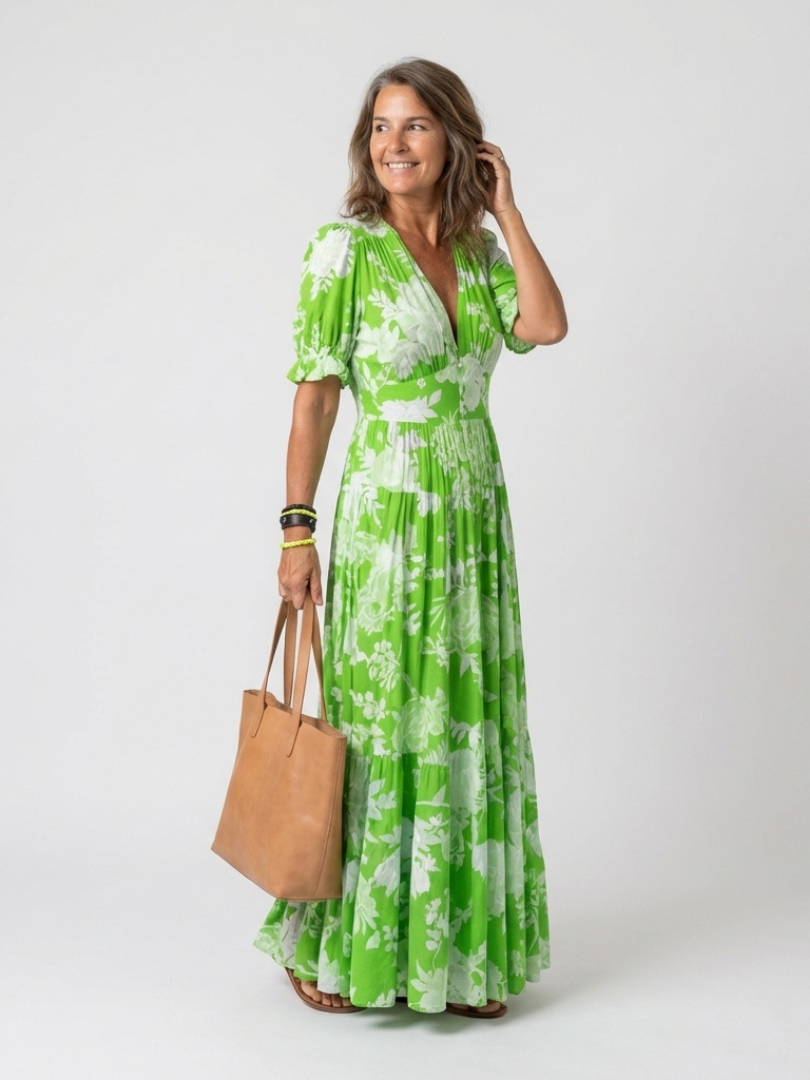 Ione | Korte Mouwen V-Hals Bloemen Midi Jurk