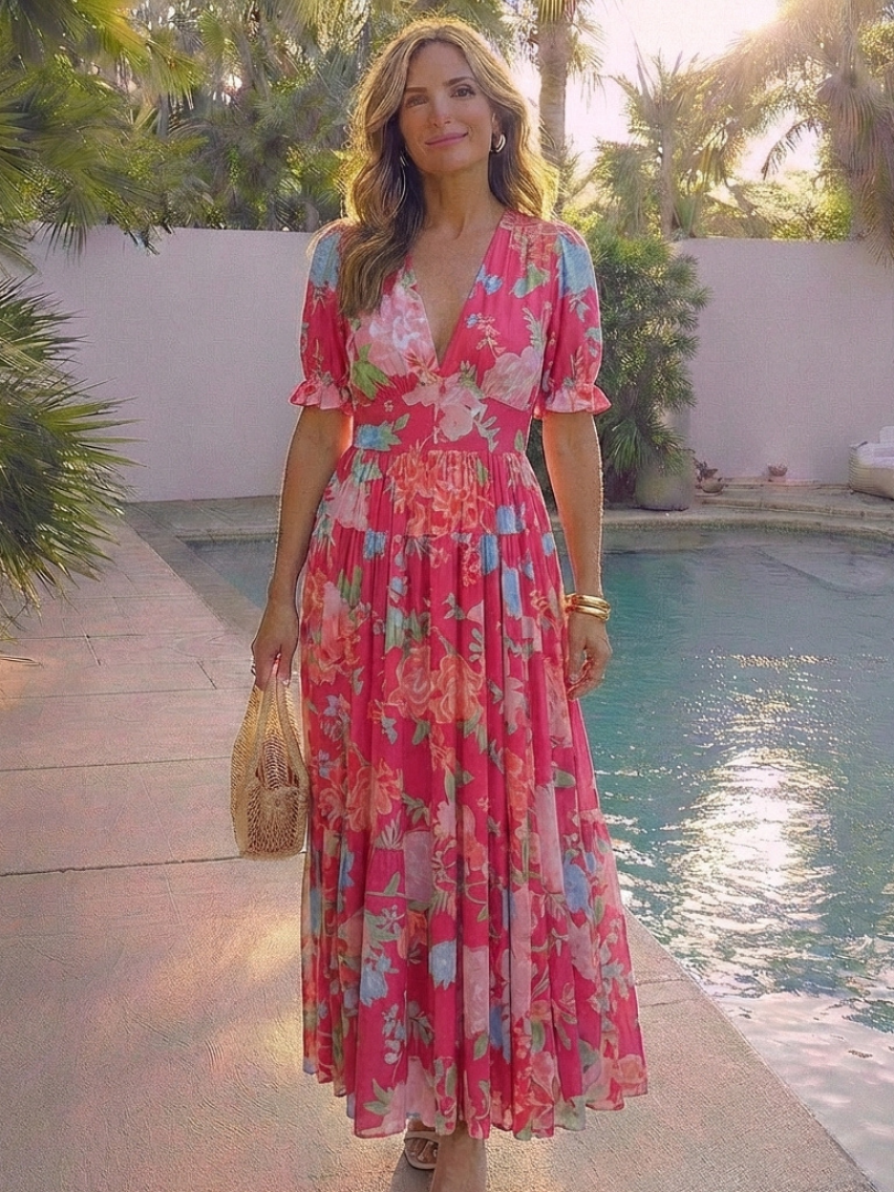 Ione | Korte Mouwen V-Hals Bloemen Midi Jurk