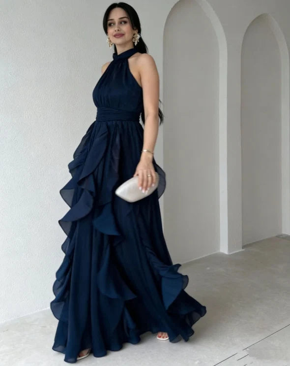 Orea maxi-jurk met hoge hals en ruchelagen