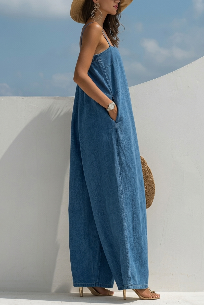 Madison | Denim jumpsuit met wijde pijpen
