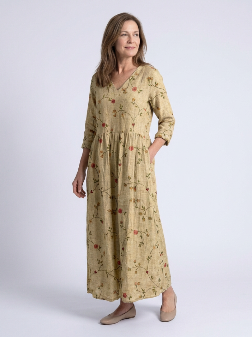 Marina | Bloemen V-Hals Driekwart Mouw Maxi Jurk