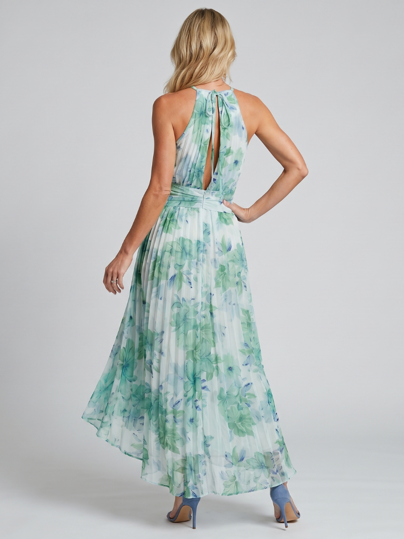 Portia geplooide halter midi-jurk met bloemenprint