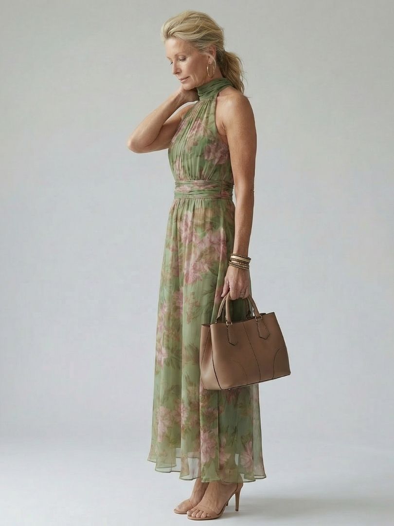 Mirelle halter midi-jurk met gerimpeld lijfje