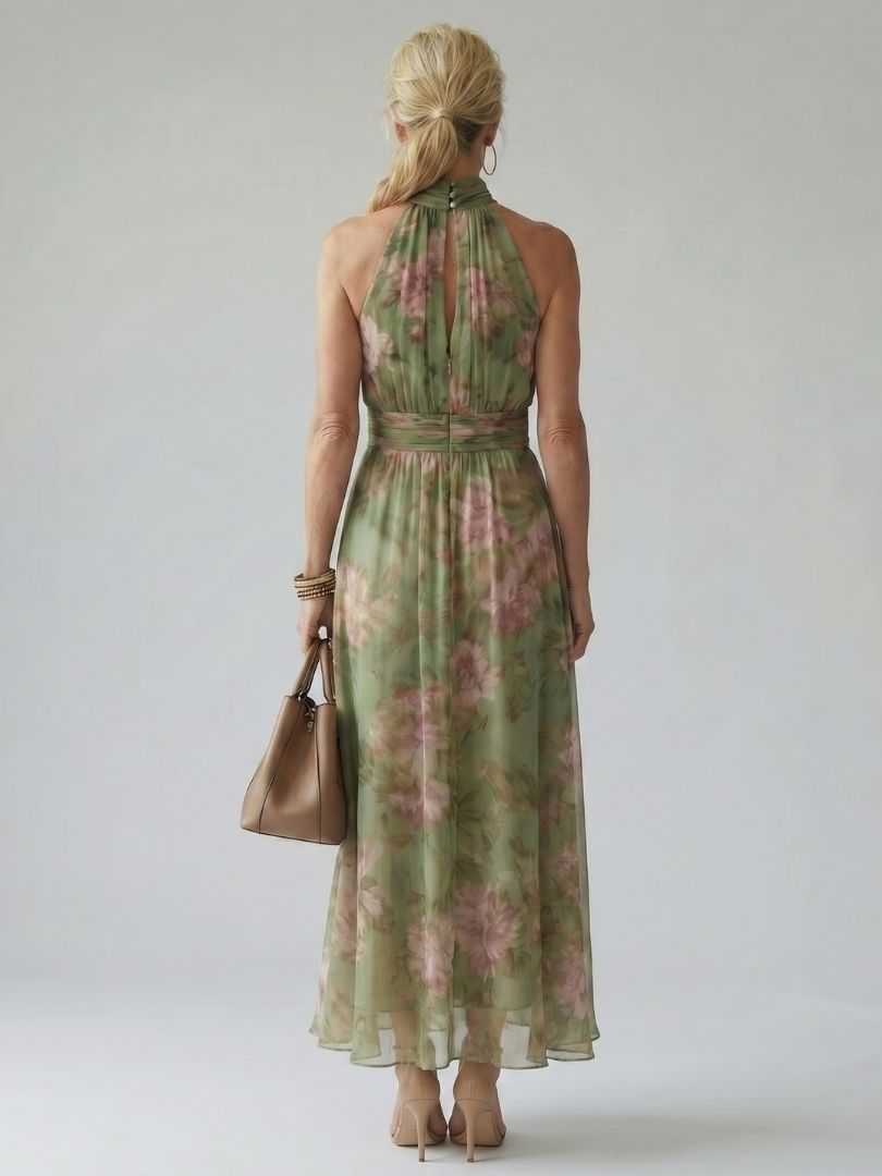 Mirelle halter midi-jurk met gerimpeld lijfje