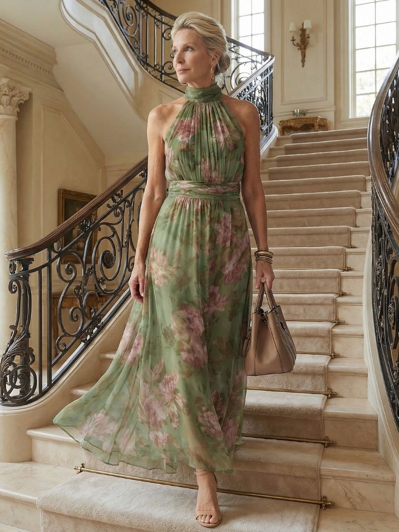 Mirelle halter midi-jurk met gerimpeld lijfje