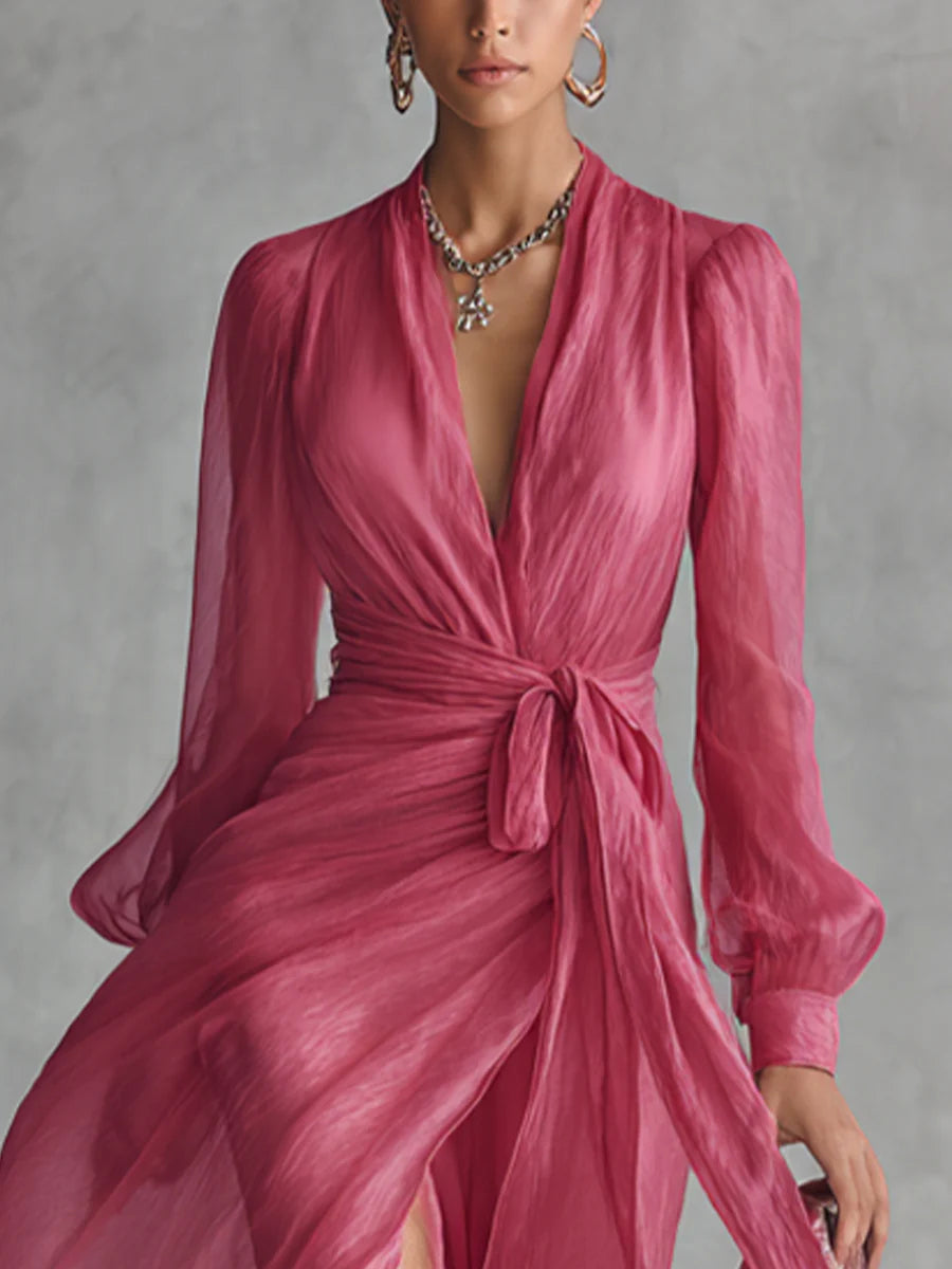 Beatrice | Elegante Chiffon V-hals Tailleband Lange Jurk