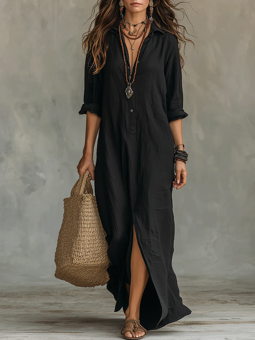Alessia | Zachte zwarte maxi-jurk met knopen