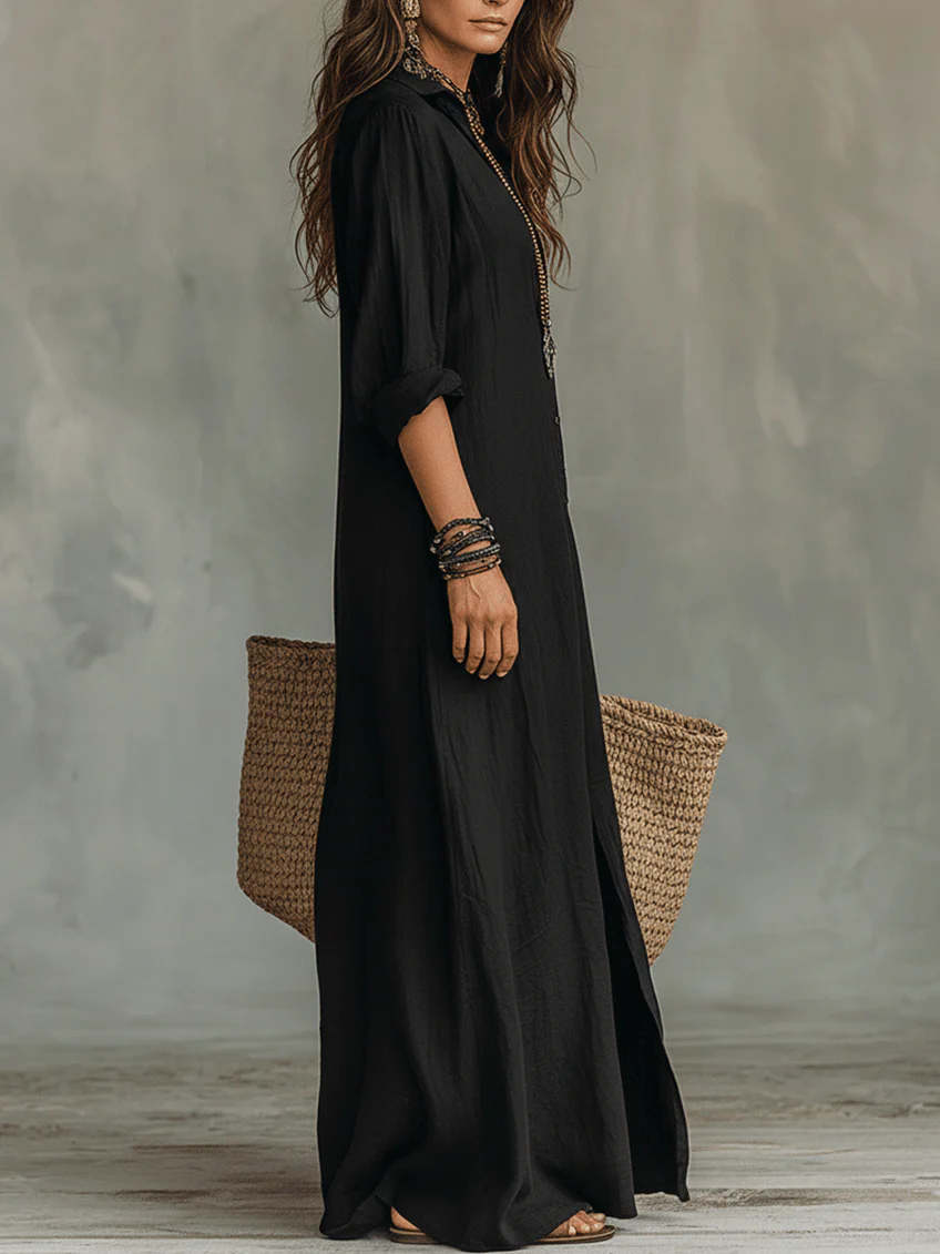 Alessia | Zachte zwarte maxi-jurk met knopen