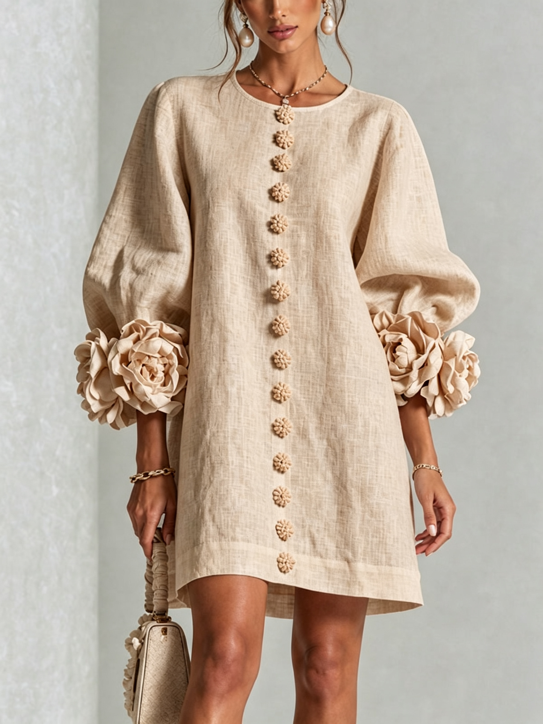 Anita mini-jurk met rozen aan de manchetten in beige