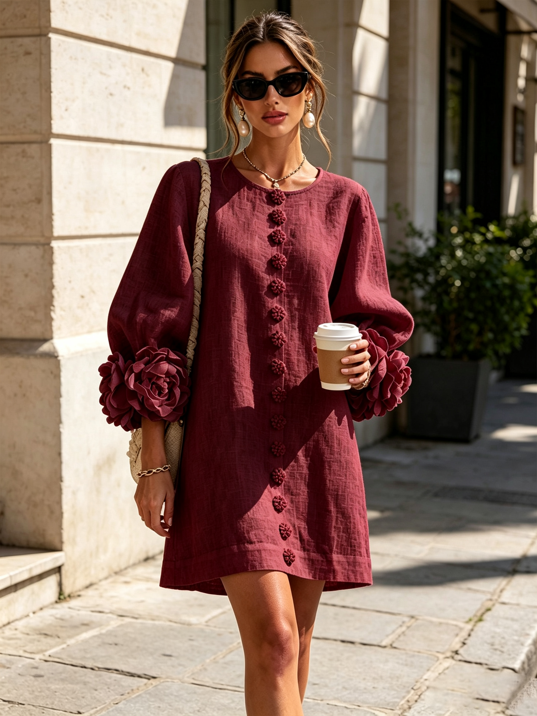Anita mini-jurk met rozen aan de manchetten in bordeaux