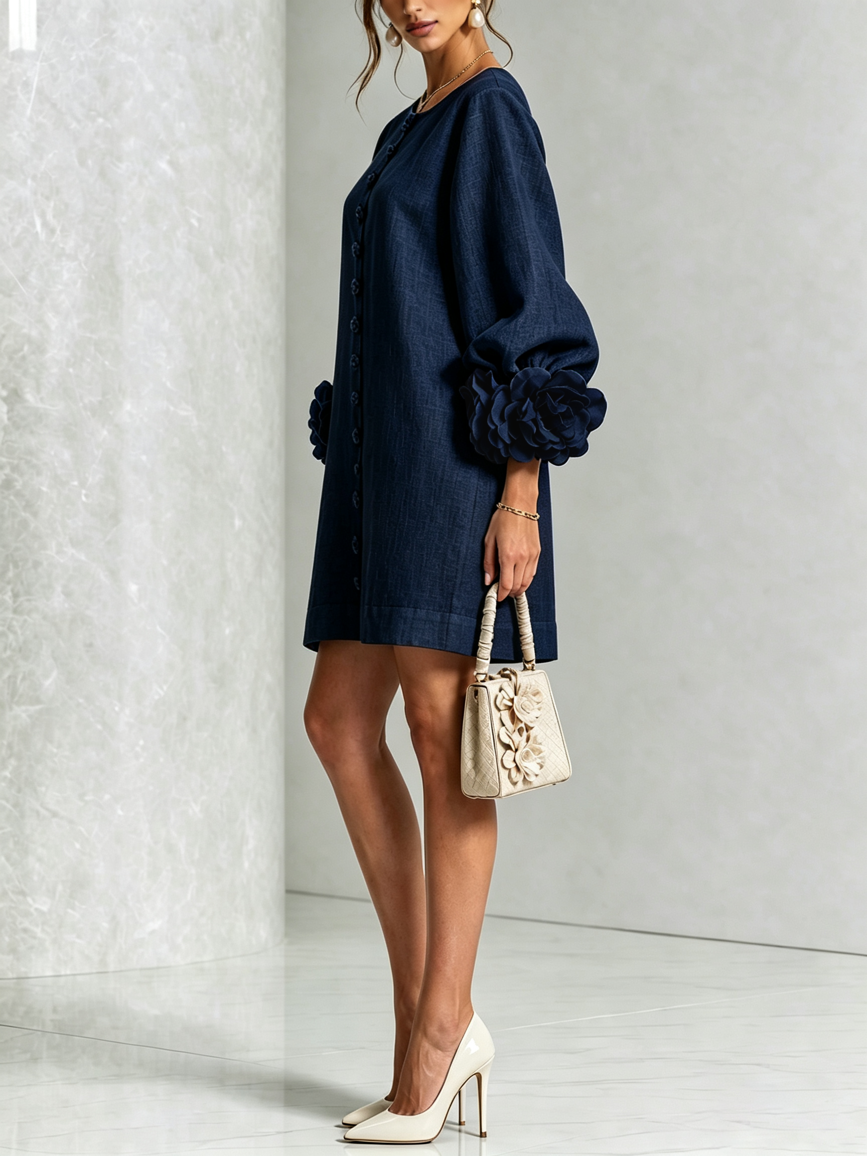 Anita mini-jurk met rozen aan de manchetten in marineblauw