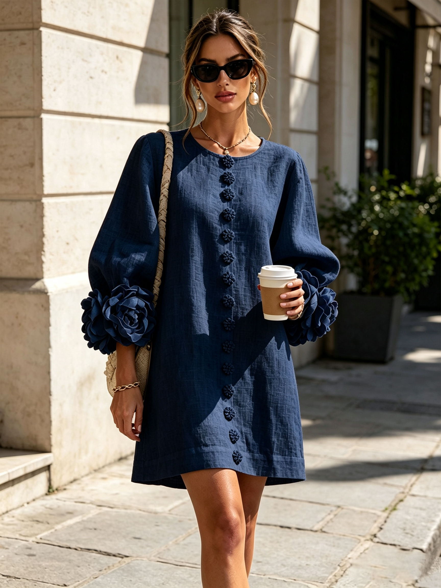 Anita mini-jurk met rozen aan de manchetten in marineblauw