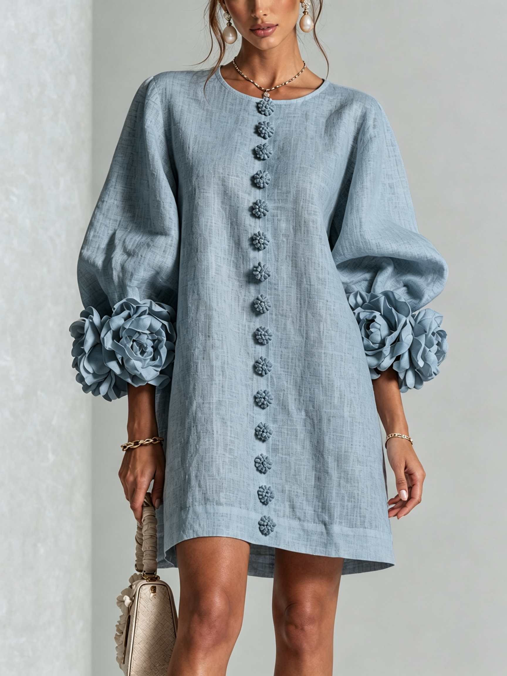Anita mini-jurk met rozen aan de manchetten in poederblauw