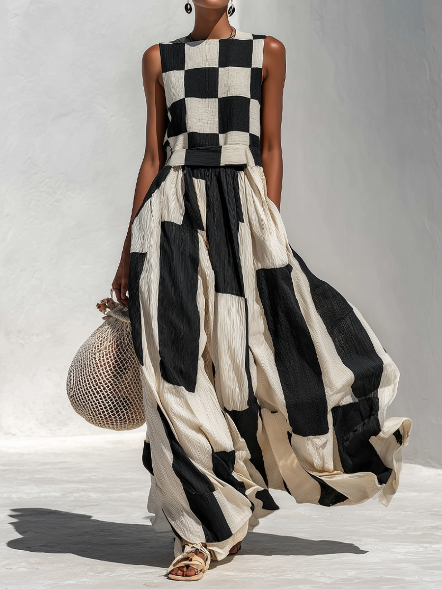 Audrey mouwloze maxi-jurk met contrastpaneel