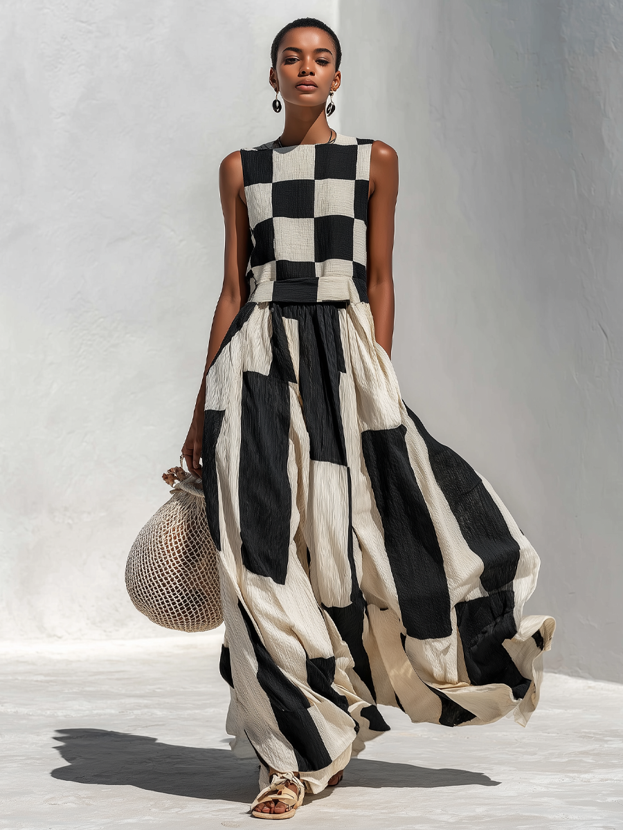Audrey mouwloze maxi-jurk met contrastpaneel