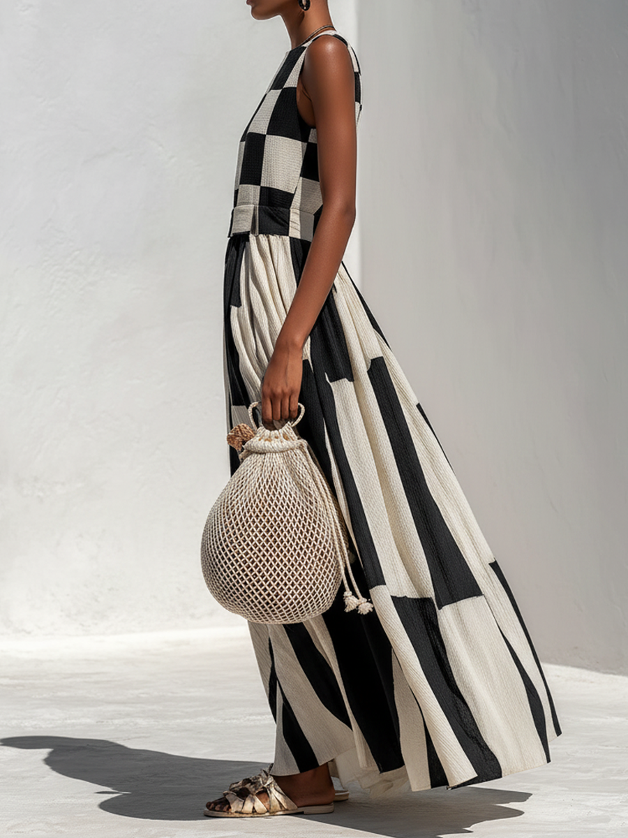 Audrey mouwloze maxi-jurk met contrastpaneel