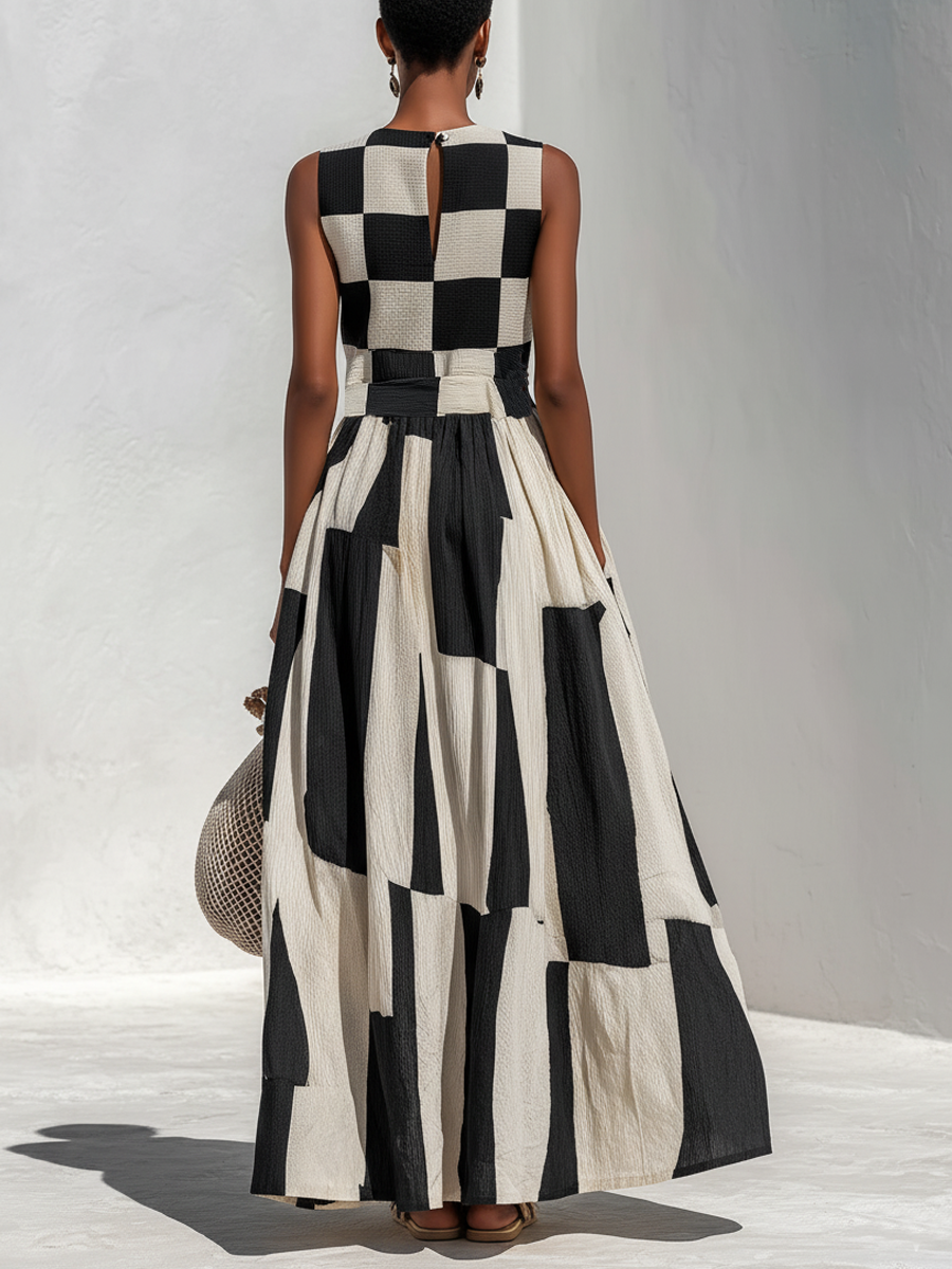 Audrey mouwloze maxi-jurk met contrastpaneel