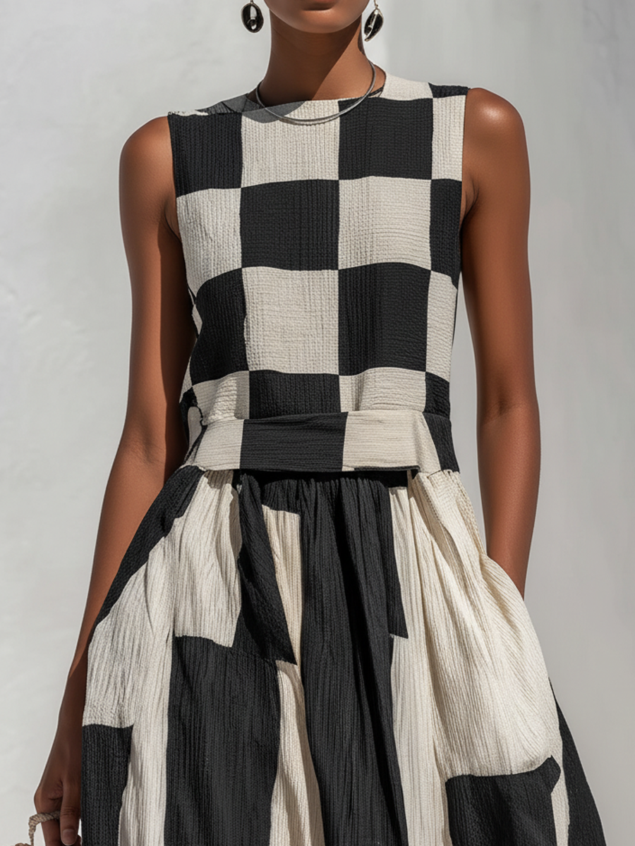 Audrey mouwloze maxi-jurk met contrastpaneel