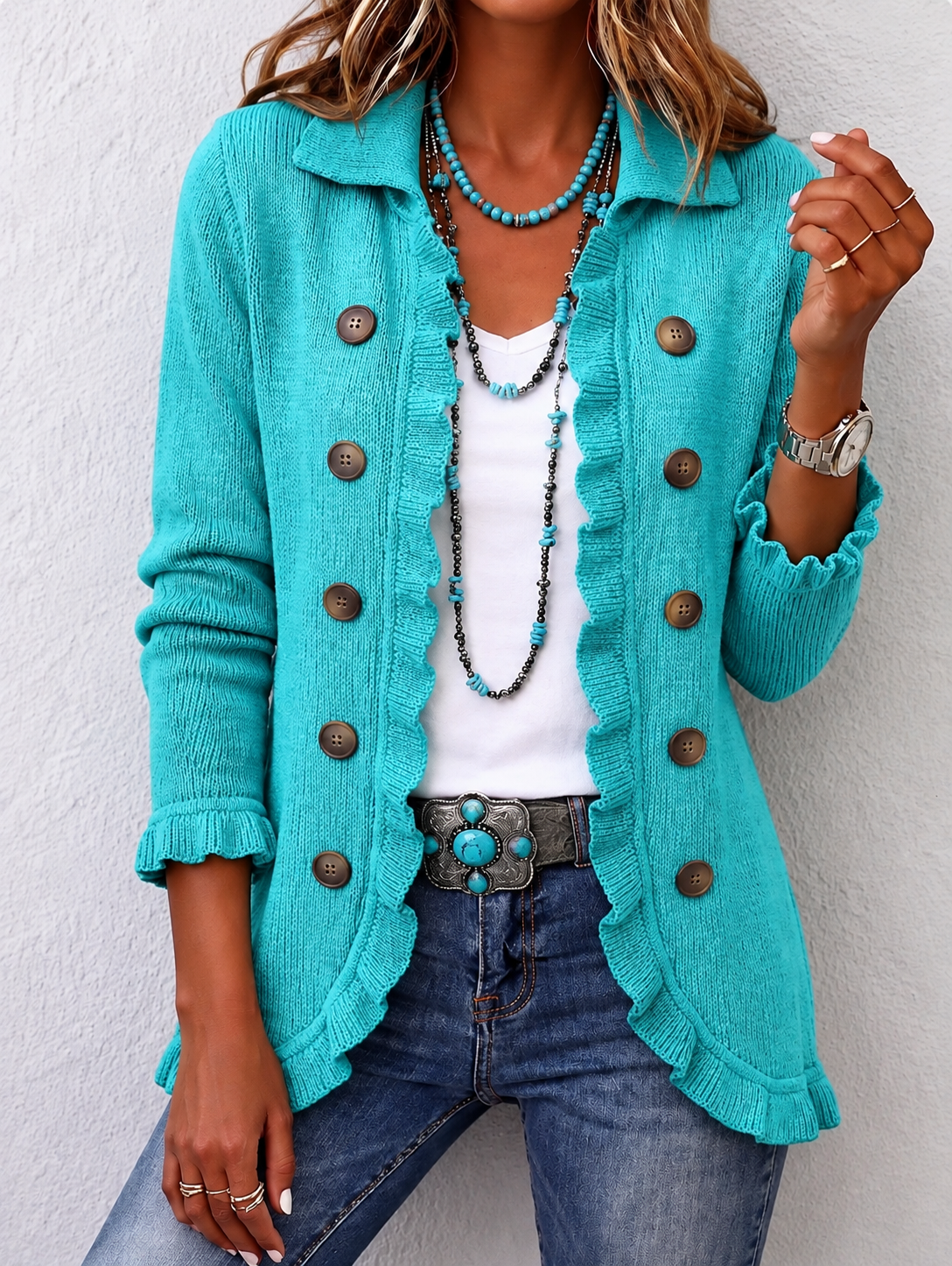 Maribel | Turquoise Gebreide Jas met Volants