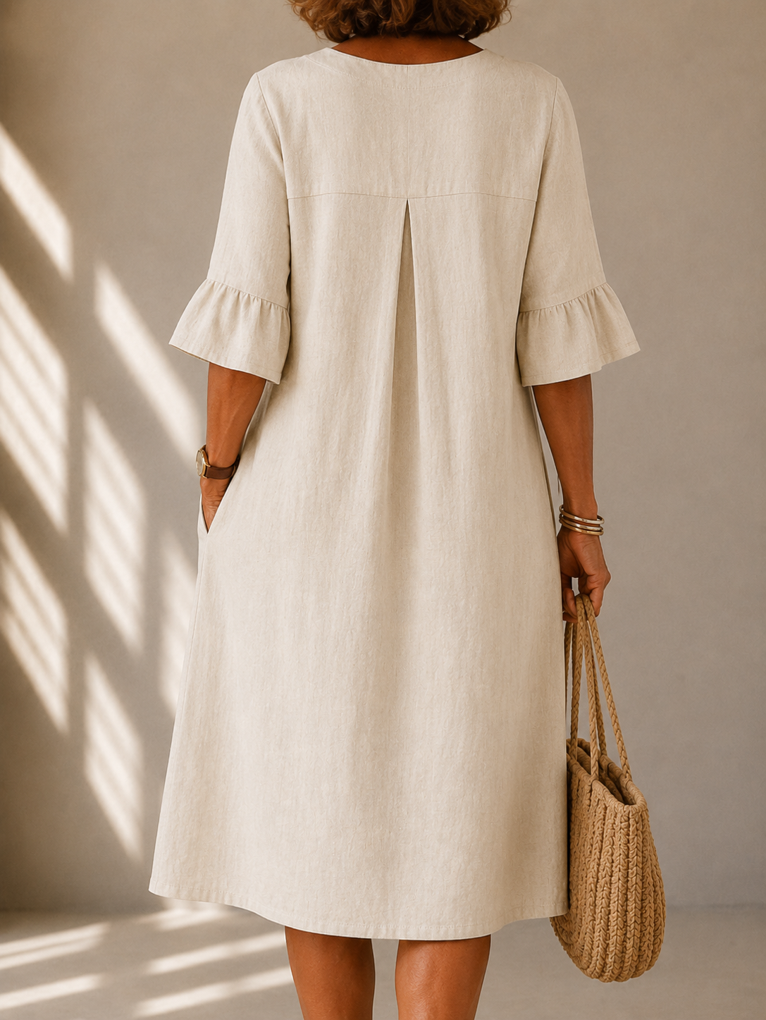 Charlotte jurk met knoopjes en volantmouwen in beige