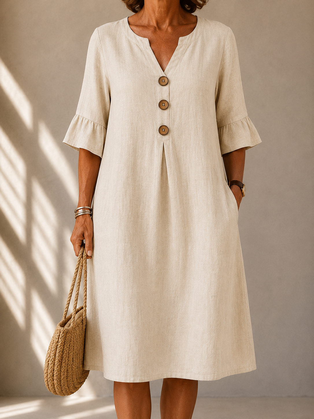 Charlotte jurk met knoopjes en volantmouwen in beige