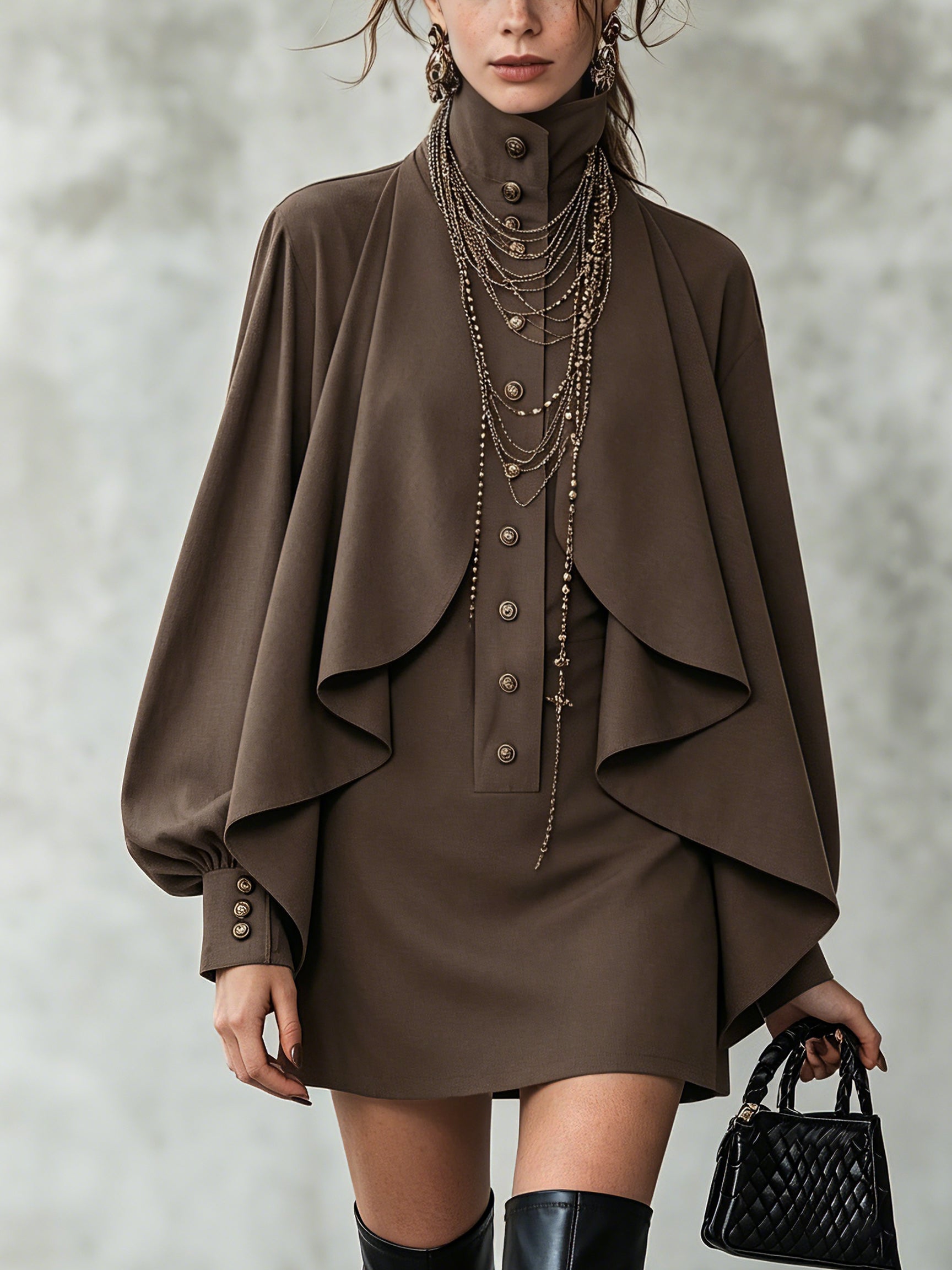 Chocoladebruine mini-jurk met hoge kraag en capedetail