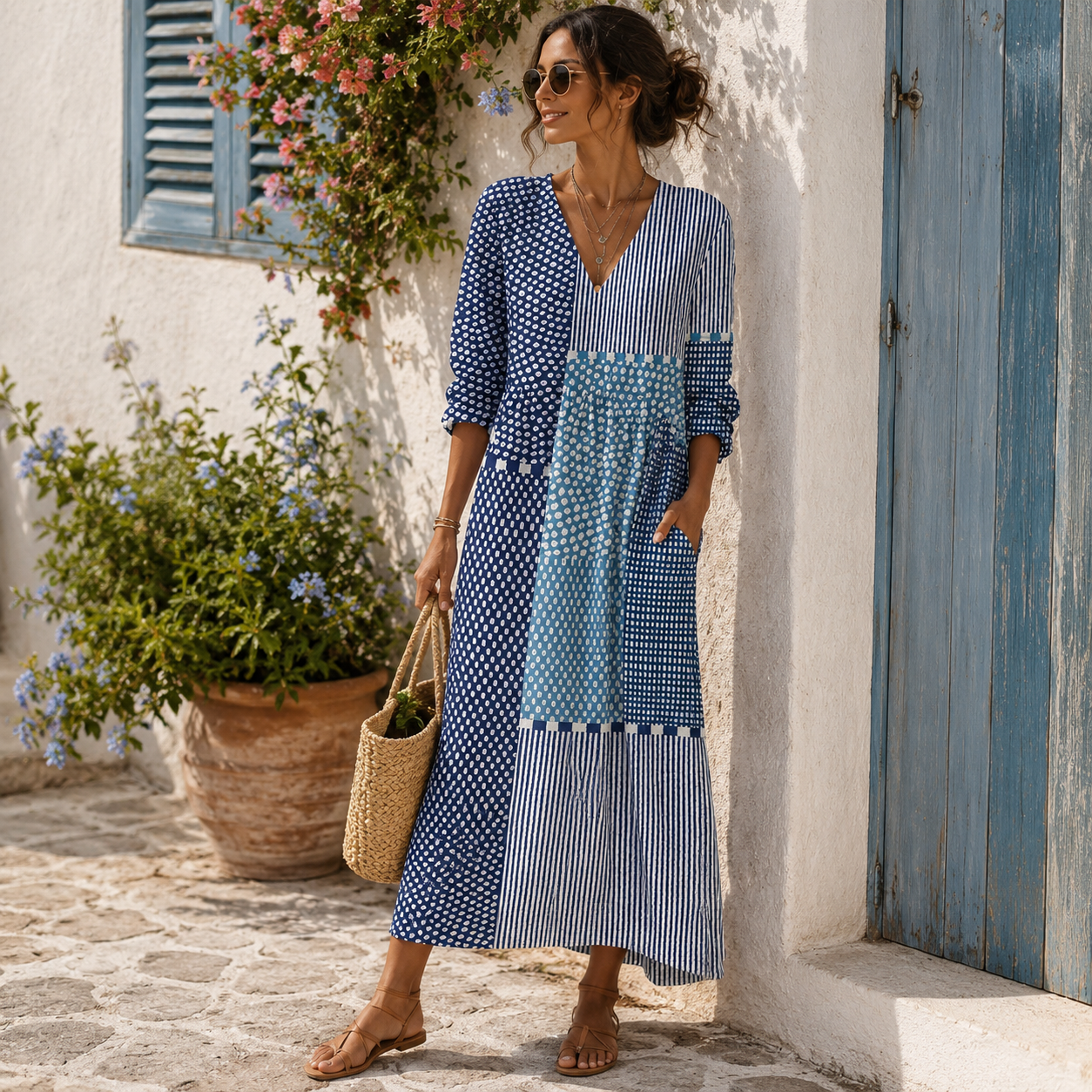 Clemencia | Lange jurk met blauw mozaïek