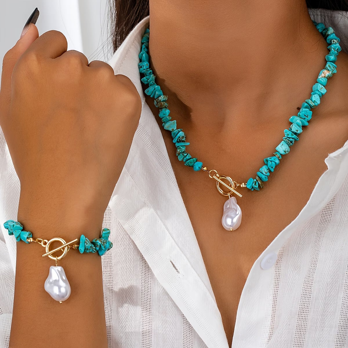 Set ketting en armband met turkoois en parel