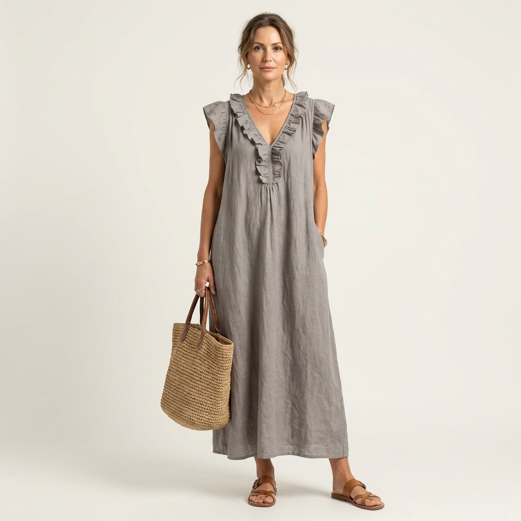 Doutzen mouwloze maxi-jurk met ruche-V-hals