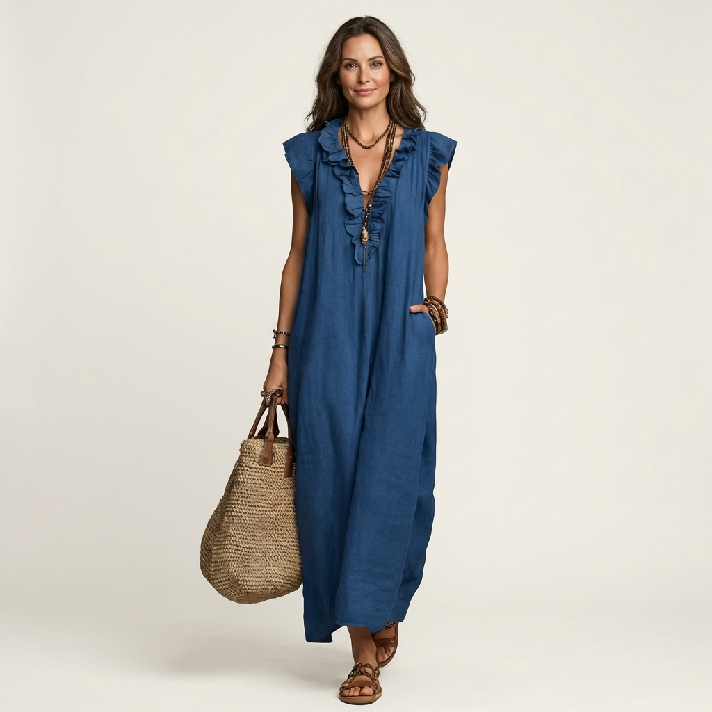 Doutzen mouwloze maxi-jurk met ruche-V-hals