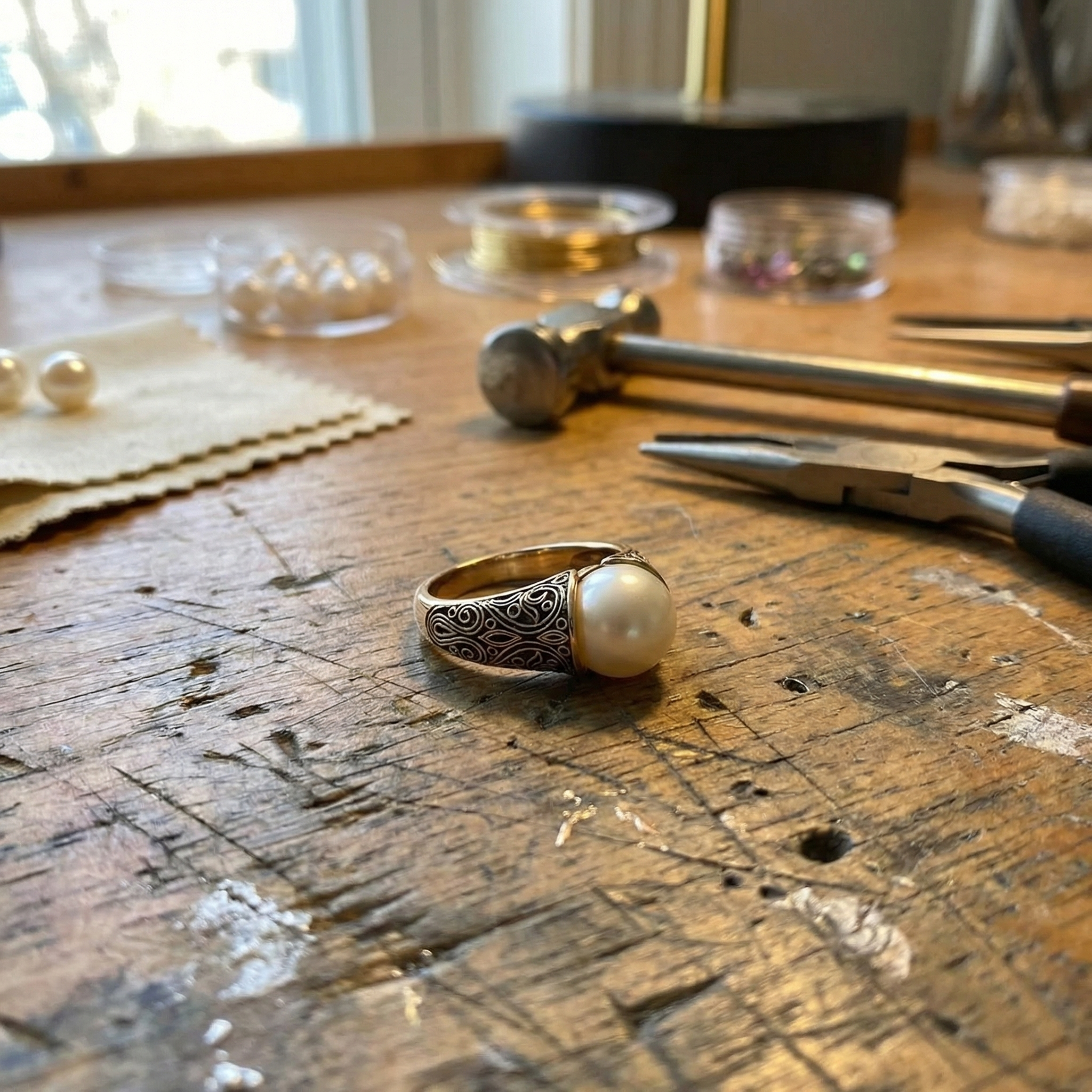 Vintage ring met gouden parel