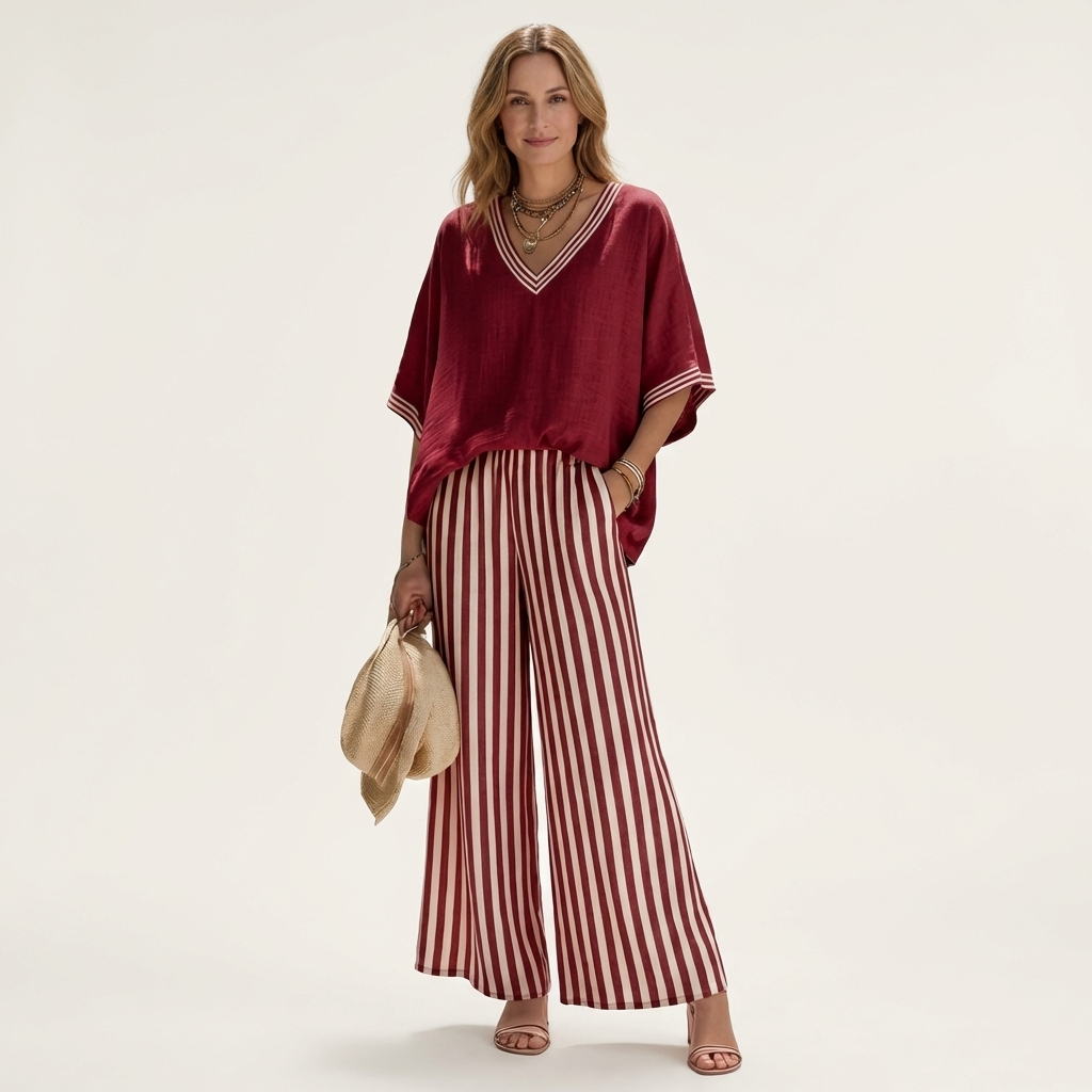 Lidewij set met V-hals top en gestreepte broek