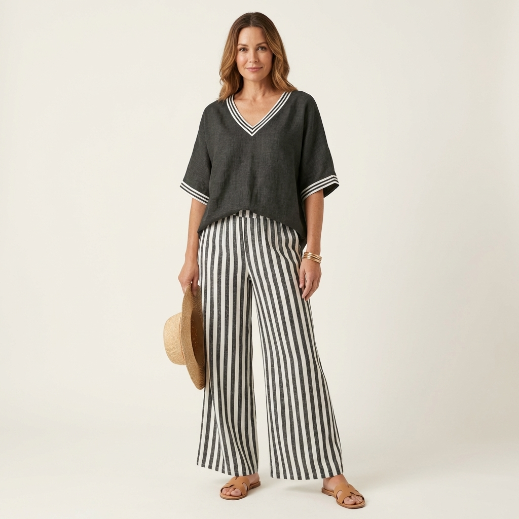 Lidewij set met V-hals top en gestreepte broek