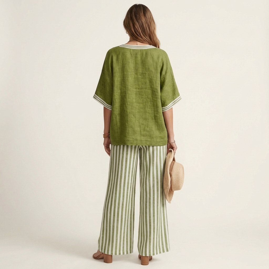 Lidewij set met V-hals top en gestreepte broek
