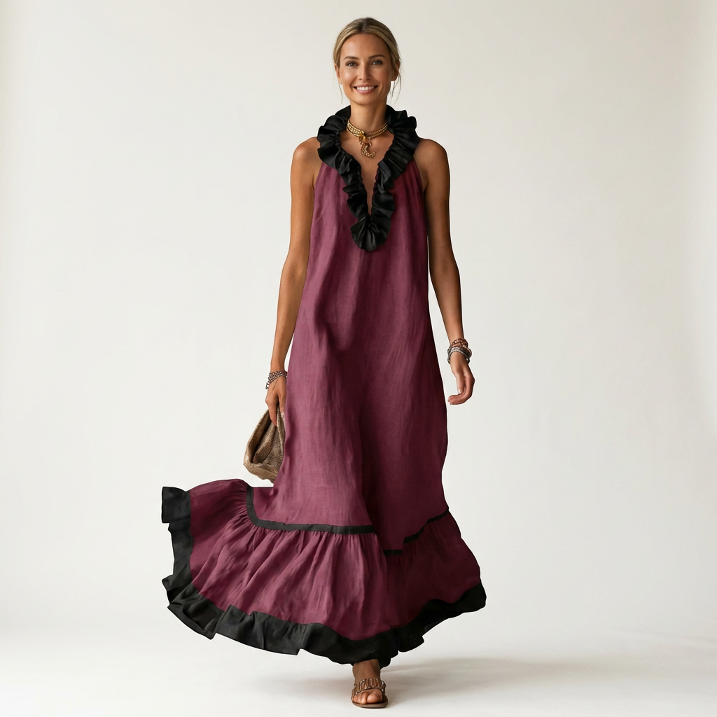 Janke mouwloze maxi-jurk met ruches en contrastbies