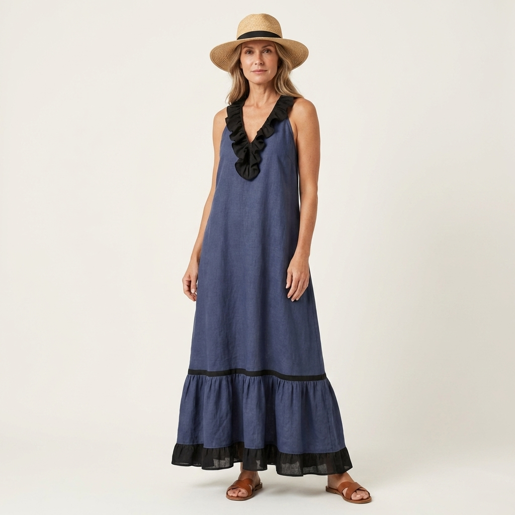 Janke mouwloze maxi-jurk met ruches en contrastbies
