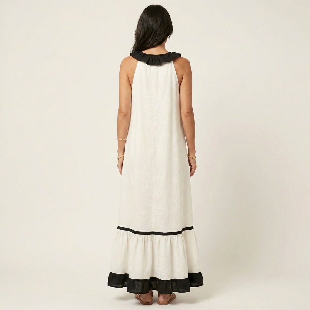 Janke mouwloze maxi-jurk met ruches en contrastbies