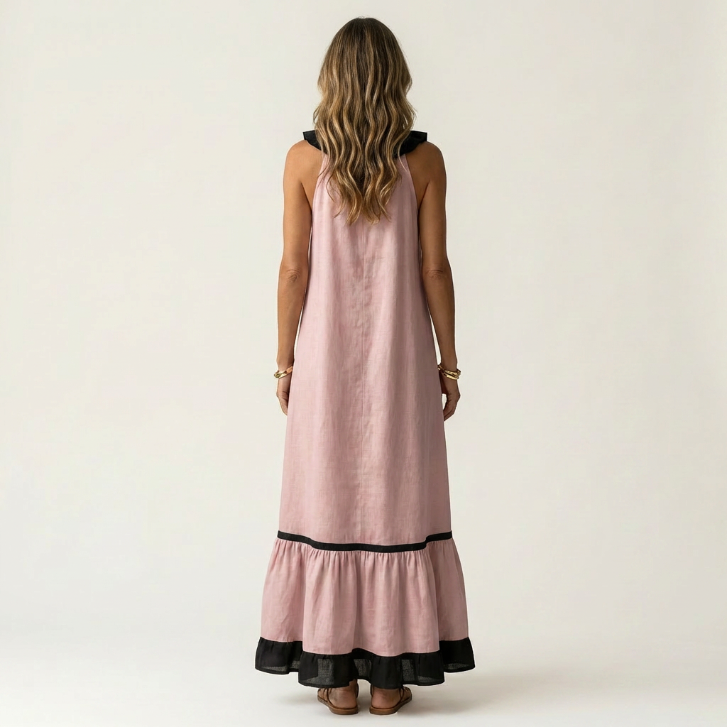 Janke mouwloze maxi-jurk met ruches en contrastbies