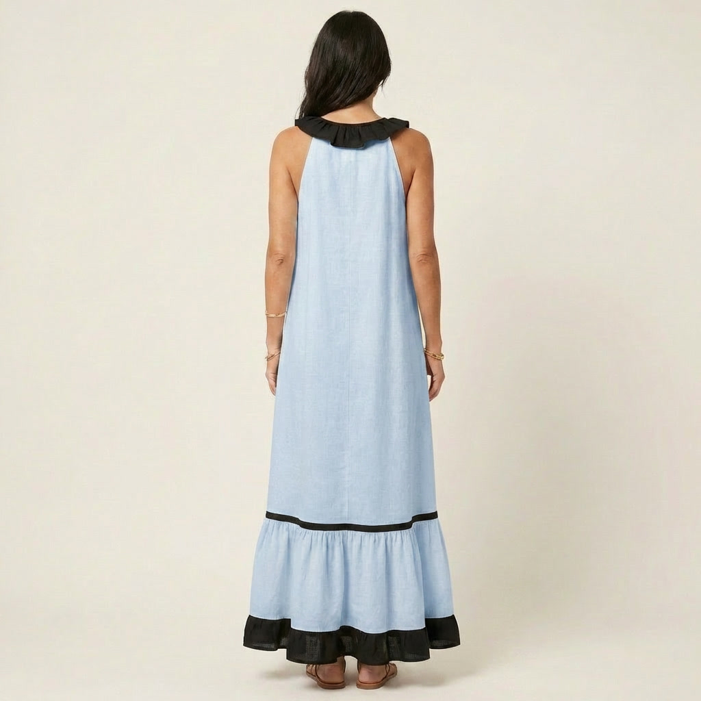 Janke mouwloze maxi-jurk met ruches en contrastbies