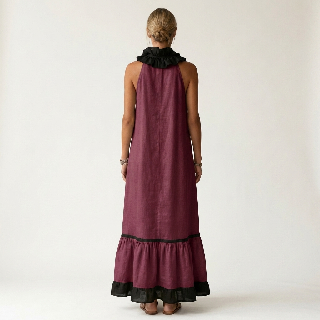 Janke mouwloze maxi-jurk met ruches en contrastbies