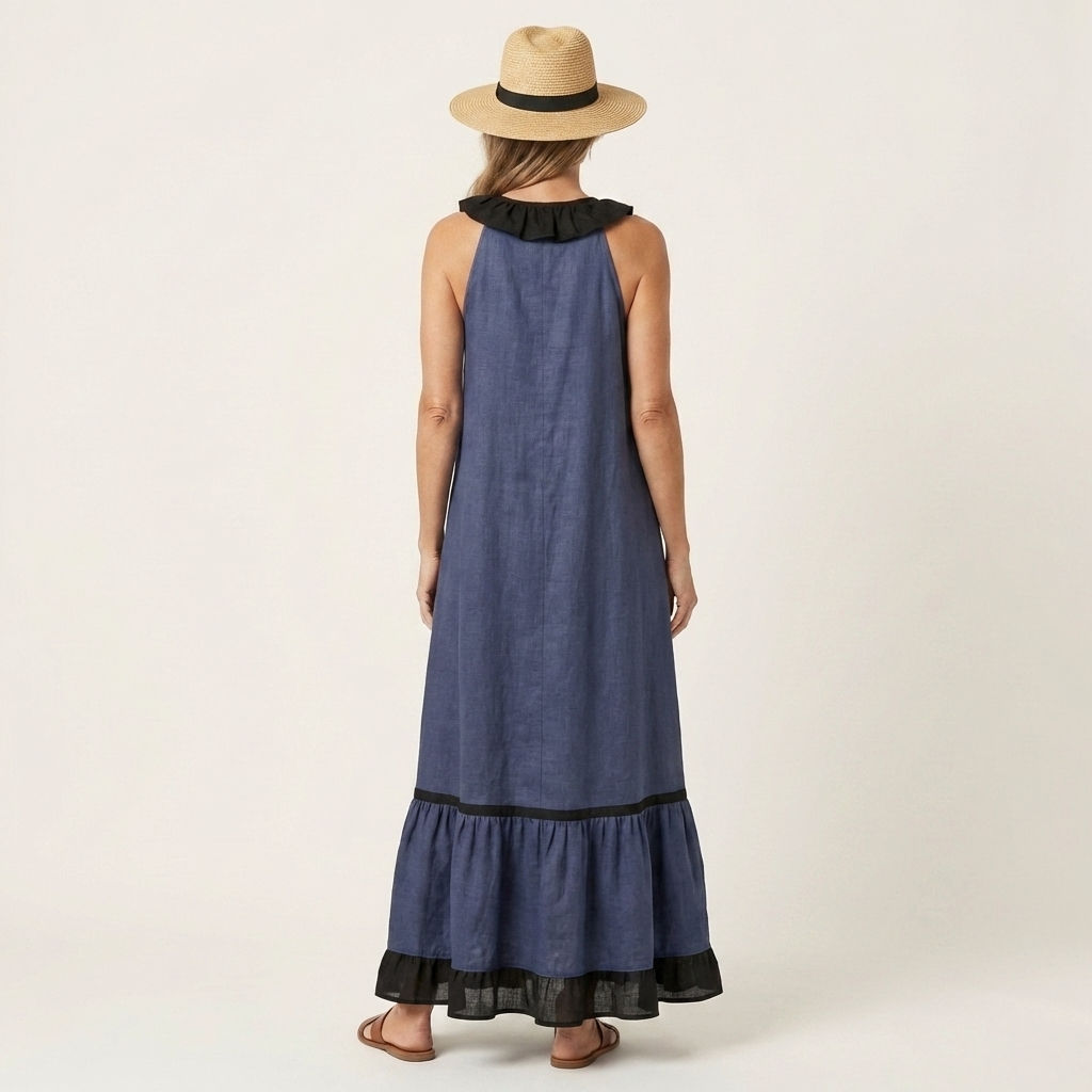 Janke mouwloze maxi-jurk met ruches en contrastbies