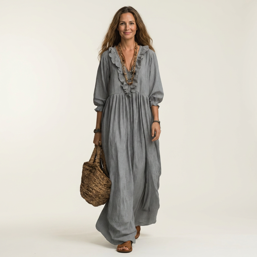 Willemien maxi-jurk met ruche-hals en lantaarnmouwen
