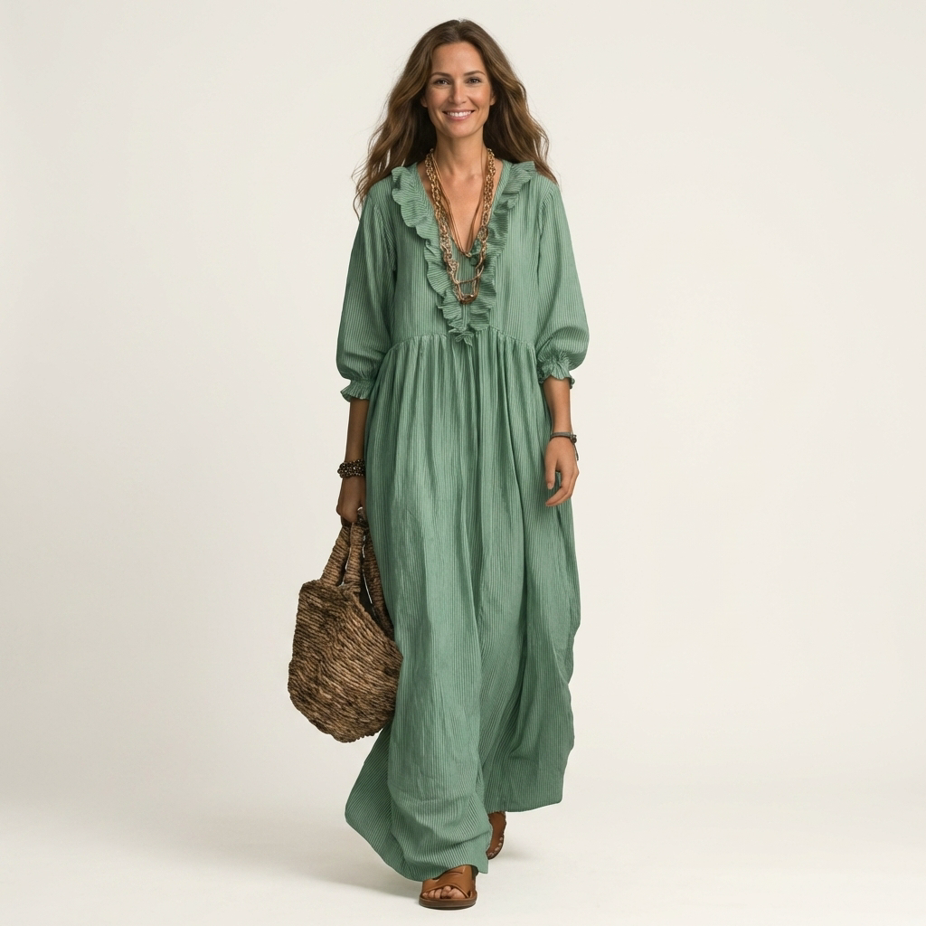 Willemien maxi-jurk met ruche-hals en lantaarnmouwen