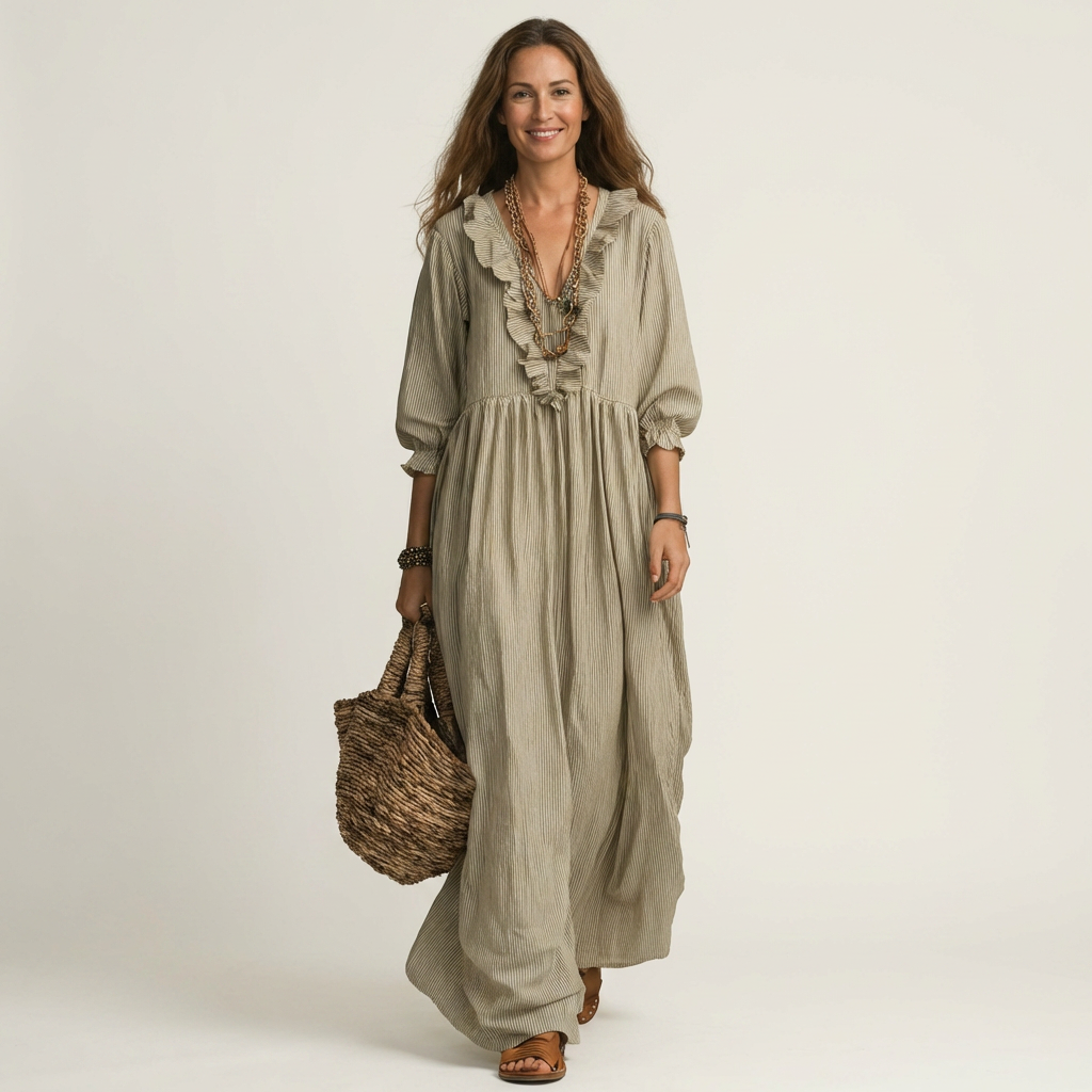 Willemien maxi-jurk met ruche-hals en lantaarnmouwen